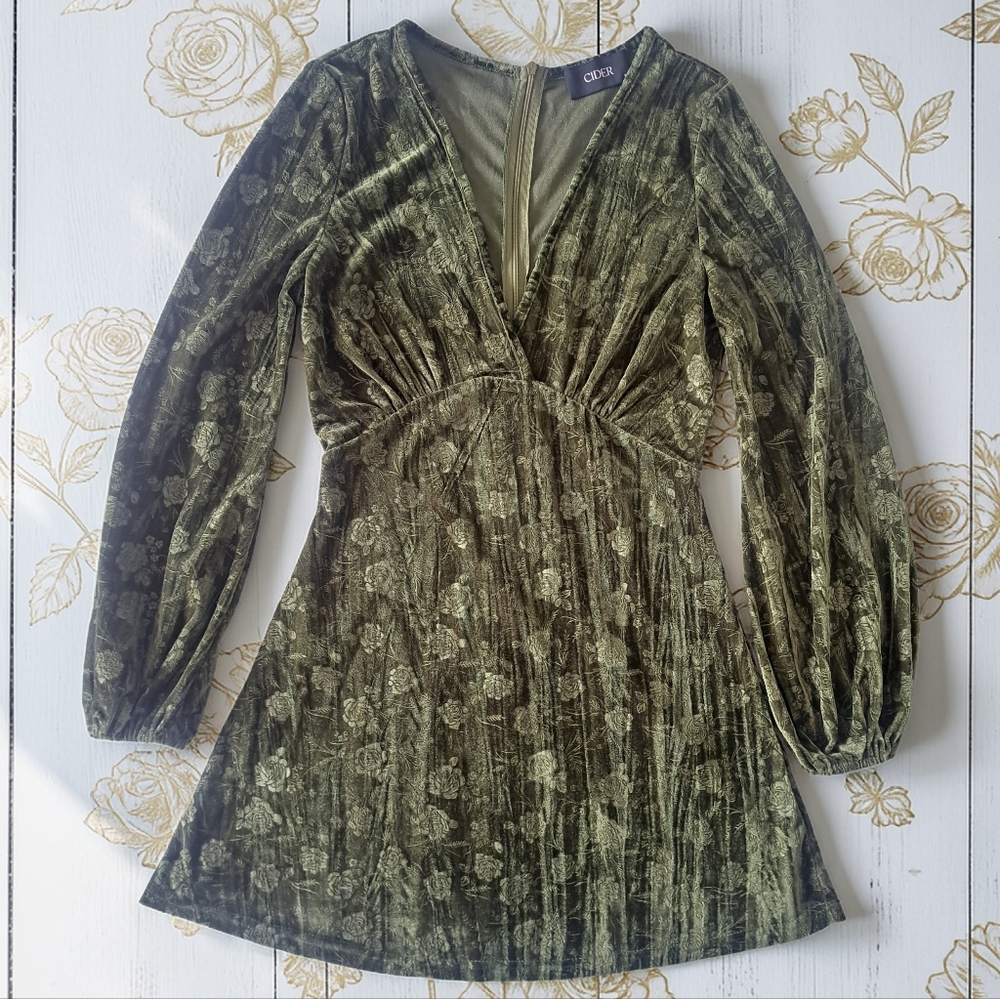 Cider Olive Velvet Floral Long-Sleeve V-Neck Mini Dress